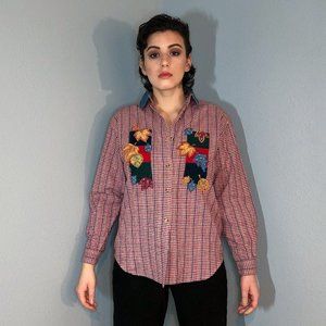 Victoria Jones Plaid Fall Embroidered Blouse